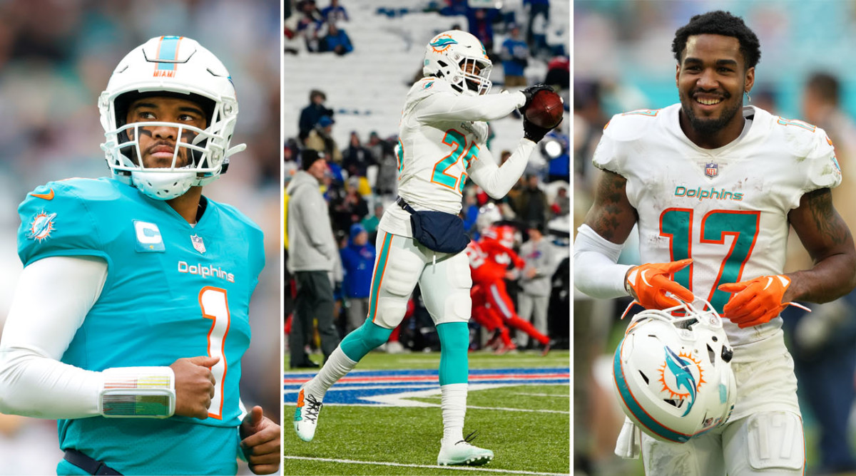 Tua Tagovailoa looks up as he jogs with his hands at his side; Xavien Howard catches the ball in front of his face; Jaylen Waddle stands with his helmet off and smiles